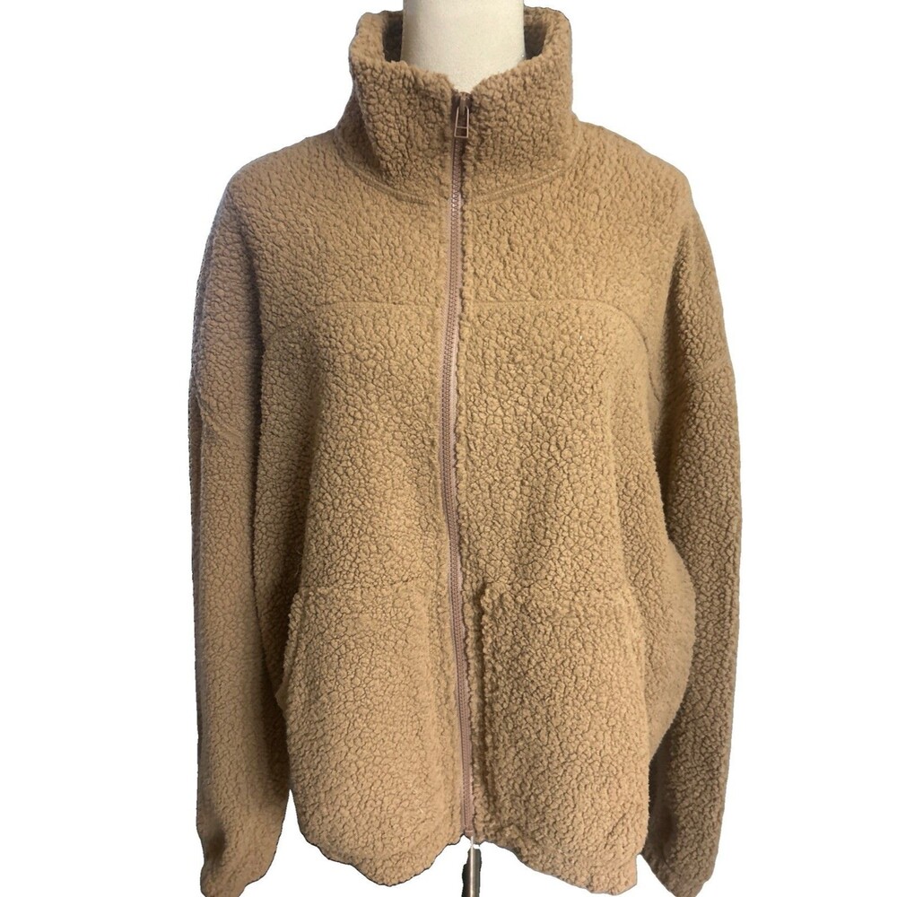 Old Navy Women Tall M Teddy Bear Sherpa Tan Full Zip Fleece Jacket Pocket